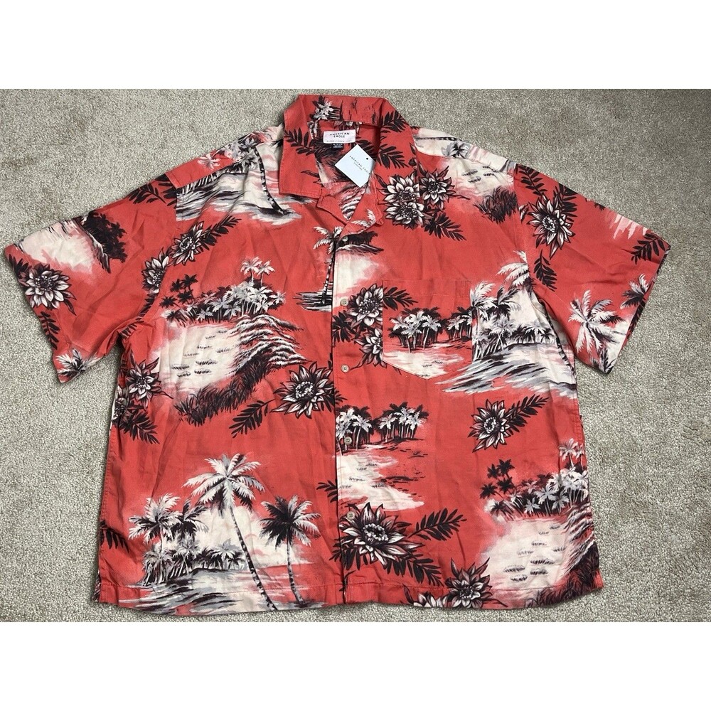 NWT American Eagle Men's Relaxed Fit Camp Collar Shirt XL Red Tropical Palm